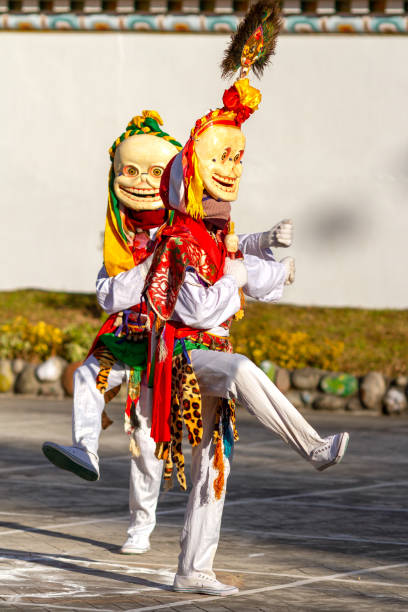 unbekannte mönche in citipati beschützer-kleidungsmasken führen auf dem cham dance festival in lingdum (ranka) einen religiösen maskierten und kostümierten mysterientanz des tantrischen tibetischen buddhismus auf - cham mask stock-fotos und bilder