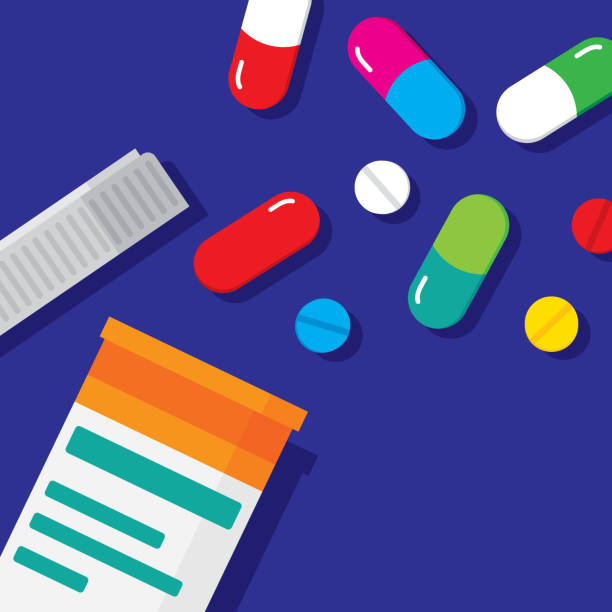 Pill Bottle Flat Vector illustration of an open pill bottle with pills spilled out against a blue background in flat style. nutritional supplement illustrations stock illustrations