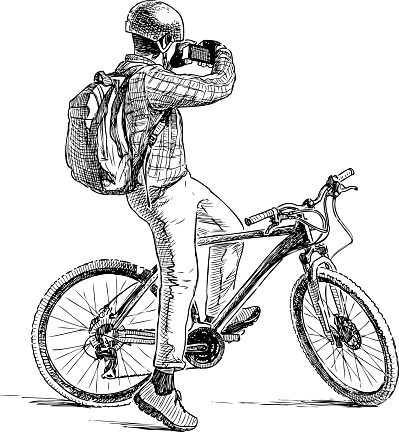 A sketch of young person on a bike photographing on his smartphone.