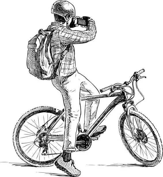 Vector illustration of A young man on a bicycle takes picture on his mobile phone