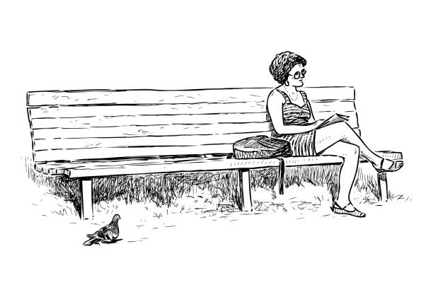 Lonely woman reading on a park bench A sketchh of a casual townswoman resting on a park bench. black and white bench stock illustrations