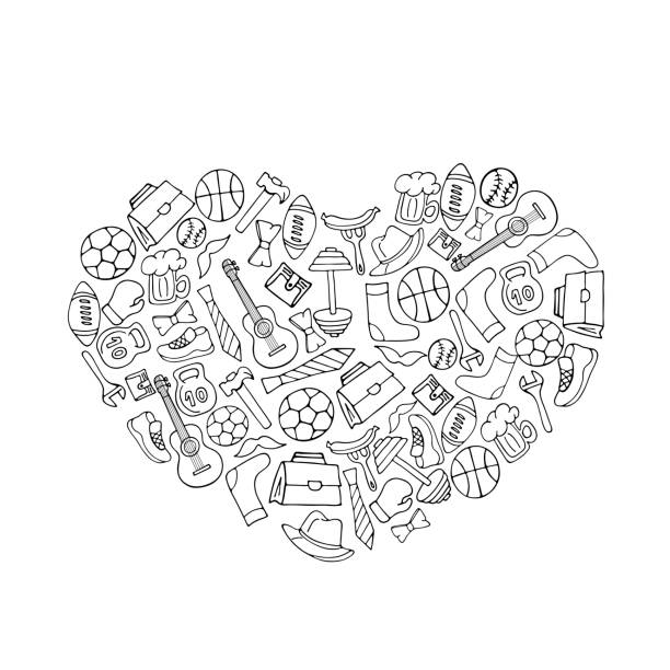 ilustrações de stock, clip art, desenhos animados e ícones de fathers day holiday banner in the shape of a heart in doodle style coloring book. men's lifestyle, sports equipment, clothes and accessories. - foods and drinks clothing garment household equipment