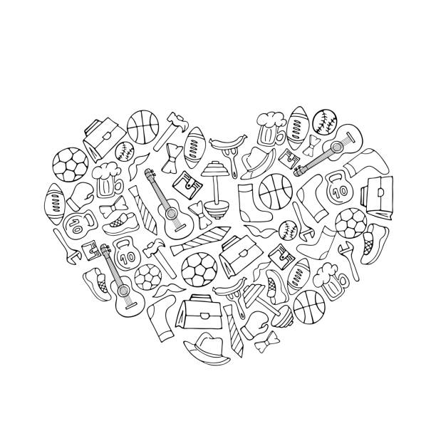 Fathers Day holiday banner in the shape of a heart in doodle style coloring book. Men's lifestyle, sports equipment, clothes and accessories. Fathers Day holiday banner in the shape of a heart in doodle style coloring book. Men's lifestyle, sports equipment, clothes and accessories heart shaped basketball stock illustrations