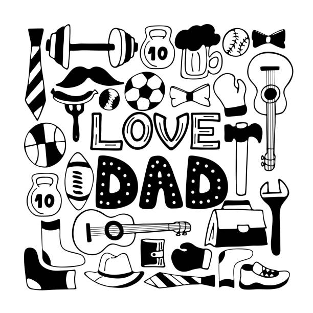 ilustrações de stock, clip art, desenhos animados e ícones de love dad holiday banner in doodle style. men's lifestyle, sports equipment, clothes and accessories. - fork wrench