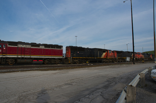 Wide angle of Canadian Trains in a shunting yard