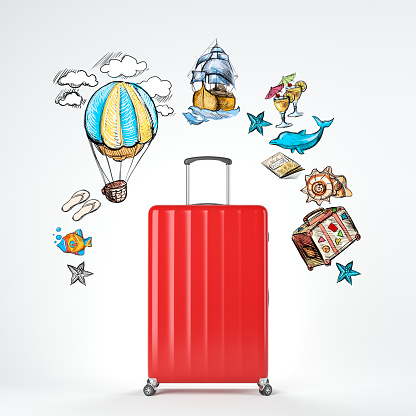 Bright red suitcase standing over white background with colorful travel sketch. Concept of tourism and travelling. 3d rendering