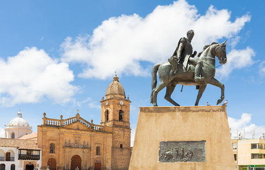 Tunja, Colombia May 10 Bolivar Square, bronze statue of Simon Bolivar the general who liberated Colombia from the Spanish domain. Shoot on May 10, 2019