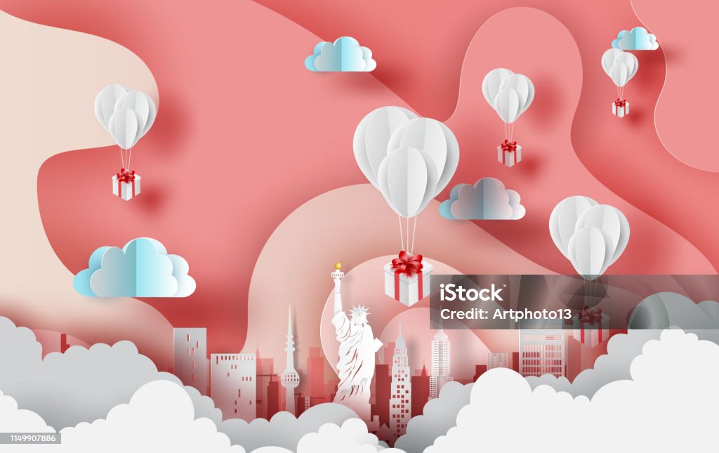 twintig beroerte Th Paper Art Of White Balloons Gift Floating On Abstract Curve Shape Pink Sky  Backgroundvalentine Season Concept City Landscape For Card And Poster New  York City Usa Vector Illustration Eps10 Stock Illustration -