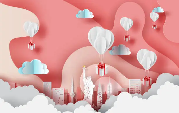 Vector illustration of Paper art of white balloons gift floating on Abstract Curve shape pink sky background,valentine season concept. City landscape for card and poster. New York city. USA. vector. illustration. EPS10
