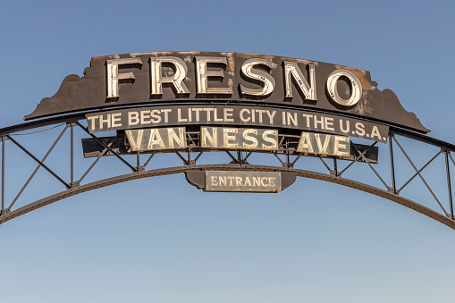 Van Ness Avenue Entrance to Downtown Fresno, California, USA. 
