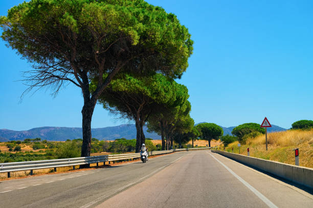 moto sur la route de la costa smeralda en sardaigne - italy two lane highway driving people traveling photos et images de collection