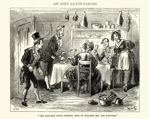 Dickens, Pickwick Papers, The kitchen door opened Vintage engraving of a scene from Charles Dickens the Posthumous Papers of the Pickwick Club. The kitchen door opened, and in walked Mr. Job Trotter by Phiz (Hablot K. Browne). charles dickens stock illustrations