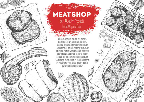 illustrations, cliparts, dessins animés et icônes de cadre de vue de dessus de viande. illustration vectorielle. design gravé. illustration dessinée à la main. pièces de modèle de conception de viande. - meat steak raw market