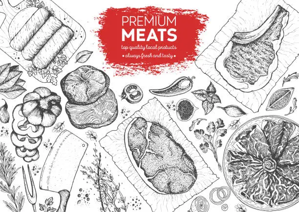 Vector illustration of Meat top view frame. Vector illustration. Engraved design. Hand drawn illustration. Pieces of meat design template.