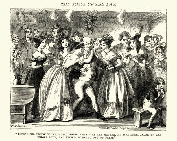 Dickens, Pickwick Papers, kissed by every one of them Vintage engraving of a scene from Charles Dickens the Posthumous Papers of the Pickwick Club. Before Mr. Pickwick distinctly knew what was the matter, he was surrounded by the whole body, and kissed by every one of them by Phiz (Hablot K. Browne). charles dickens stock illustrations