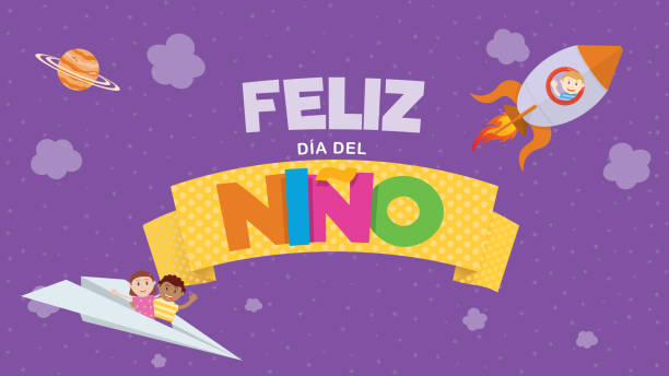 karta z życzeniami feliz dia del nino - happy children's day w języku hiszpańskim. kolorowe litery na żółtej wstążce z dzieckiem latającym na rakietie i parą dzieci na papierowym samolocie na fioletowym niebie z chmurami i gwiazdami - day stock illustrations
