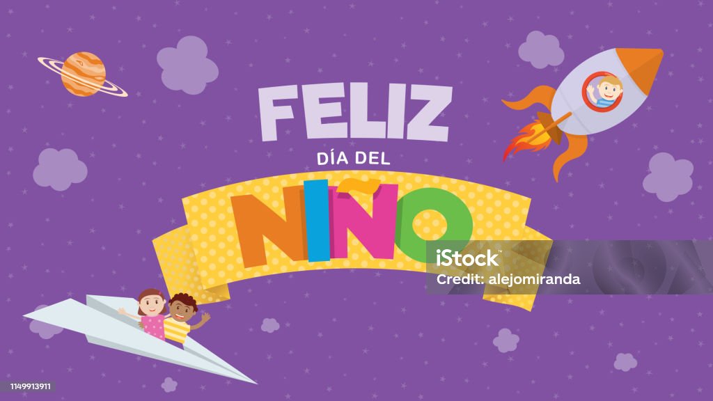 Thiệp Chúc Mừng Feliz Dia Del Nino Chúc Mừng Ngày Trẻ Em Bằng Tiếng Tây Ban  Nha Những Chữ Cái Màu Trên Dải Ruy Băng Màu Vàng Với Một Đứa Trẻ Bay