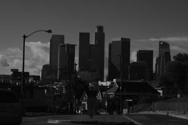 istock Los Angeles Skyline Against Cloudy Sky In Monochrome 1149914220