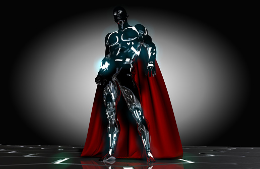 Futuristic superhero illustration with red cape on black background. New generation anti-hero. Technological devil in the nightmare.