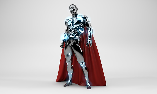 Futuristic superhero illustration with red cape on white background. New generation anti-hero.