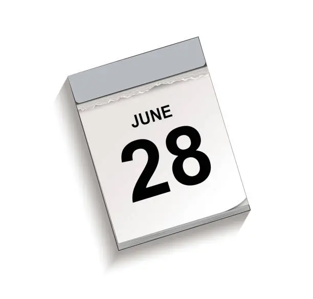 Vector illustration of Calendar, tear-off calendar with date 28 June, Tear-off calendar, Vector illustration isolated on white background