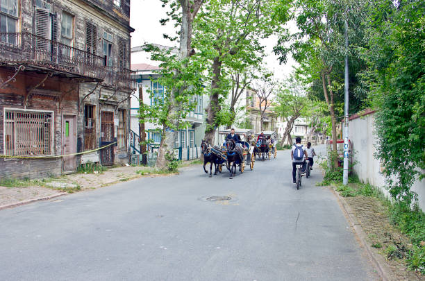 Istanbul, Turkey - May 1, 2019: Horsecart with it's Turkish driver in a street of Heybeliada which is the second largest of the Prince Islands in the Sea of Marmara, near Istanbul. People visit the island for resting, picnic and biking.