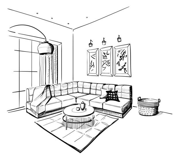 Living room interior sketch. vector art illustration