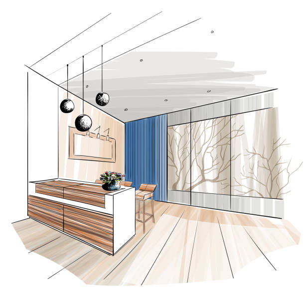 Living room interior sketch. vector art illustration