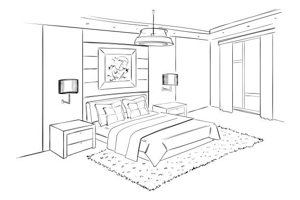 bedrom. innenskizze illustration. - bed pillow doodle bedroom stock-grafiken, -clipart, -cartoons und -symbole