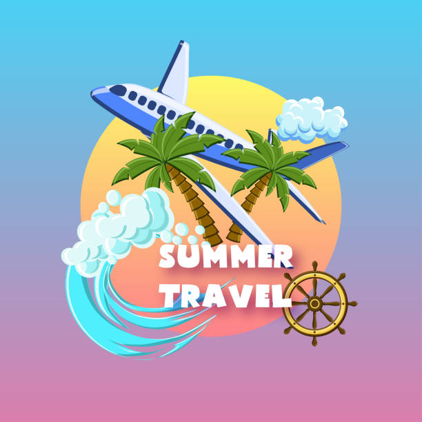 istock Summer travel poster with palm trees, airplane, ocean waves, ship wheel, cloud on the sunset sky. 1149923044