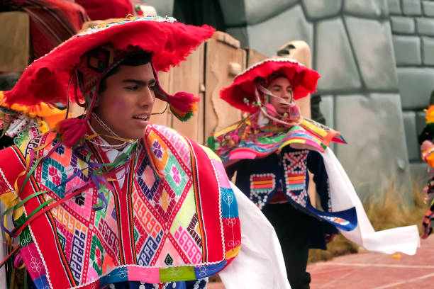 Cusco, Peru - Circa June 2013: Native Peruvian group of young boys dancing the \