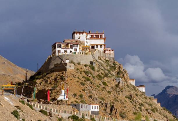 Kye (Key) buddhist monastery on the abrupt slopes of Himalayas mountains in the Spiti valley at sunny summer day stock photo