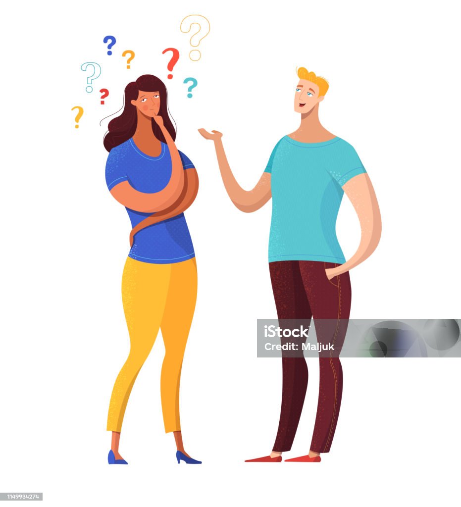 Boy asking girl questions flat vector illustration Boy asking girl questions flat vector illustration. Cheerful man talking to confused woman. Thoughtful lady considering offer, options isolated character. Cartoon couple sharing news, secrets Adult stock vector