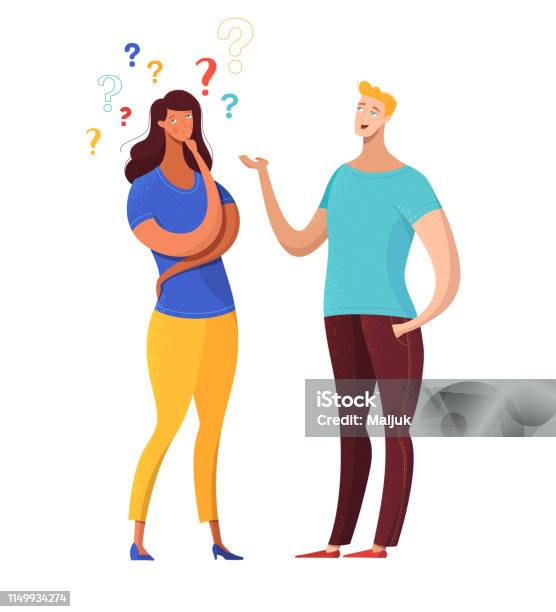 Boy Asking Girl Questions Flat Vector Illustration Stock Illustration - Download Image Now - Adult, Arms Crossed, Asking