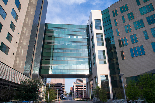 Austin, USA - March 17, 2019. Modern buildings of medical facility in the campus of University of Texas at Austin. Founded in 1883, UT Austin is a top ranked public research university in the United States and the leading institution in Texas public high education system.