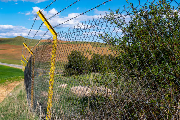 istock fence of a garden with barbed wires, 1149939232