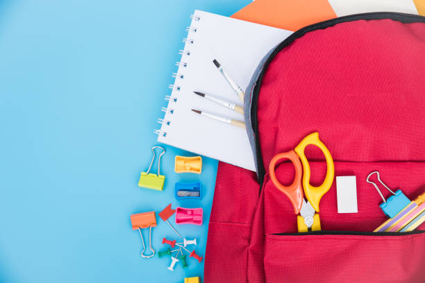 istock Top view Red bag backpack for education children 1149940224
