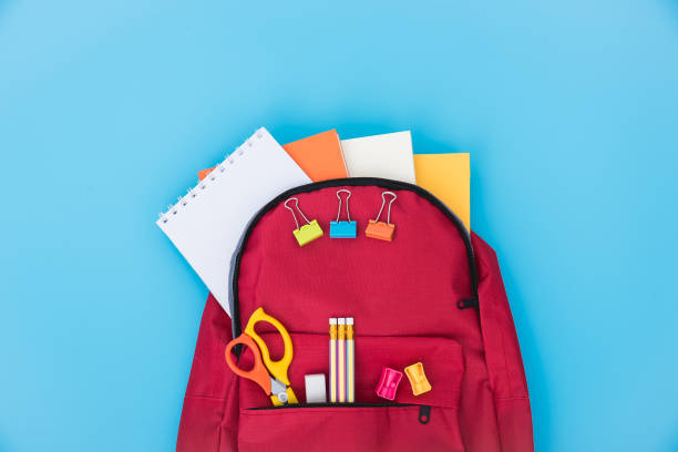 istock Top view Red bag backpack for education children 1149940342