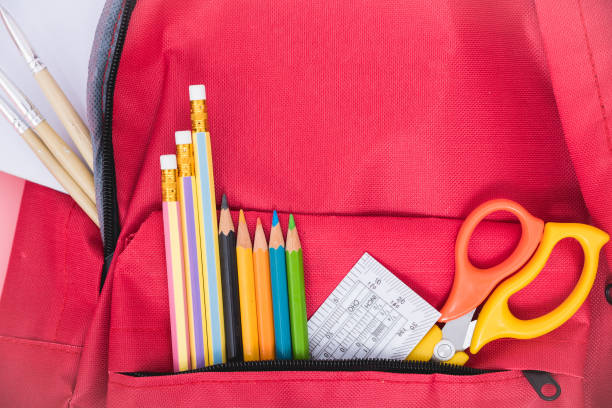 istock Top view Red bag backpack for education children 1149940562