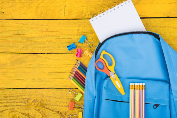 istock Top view Blue bag backpack for education children 1149940611