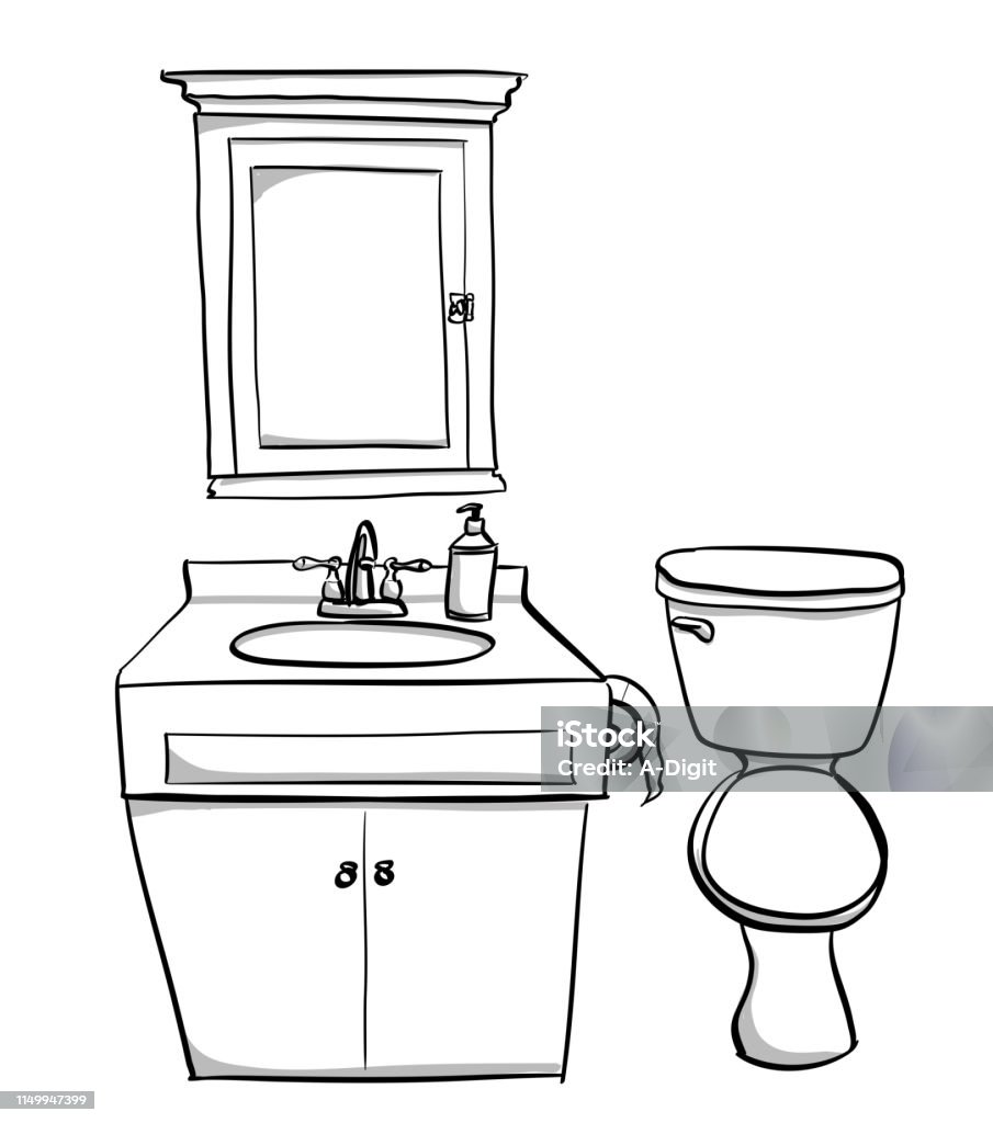 Small Bathroom Sketch Small washroom with toilet, small sink and a small wall cabinet and mirror Art stock vector