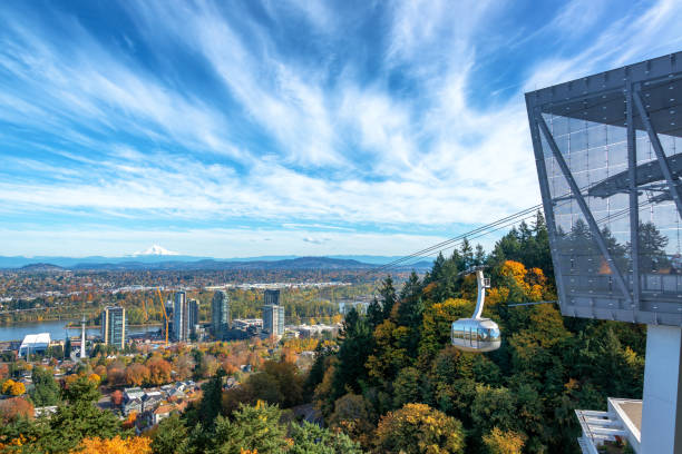 Portland View and Aerial Tram Portland Aerial Tram with a view of Portland, Oregon with Mt. Hood in the background portland oregon photos stock pictures, royalty-free photos & images