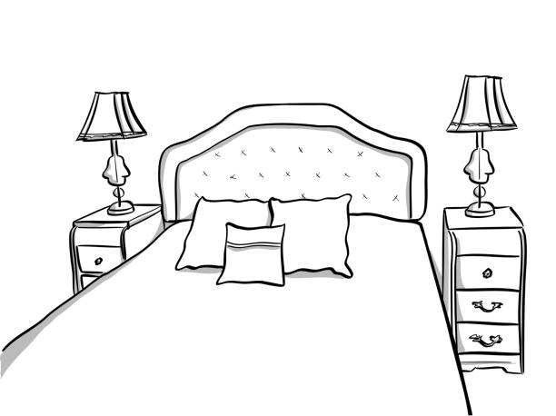 ilustraciones, imágenes clip art, dibujos animados e iconos de stock de vintage bedroom sketch - double bed night table headboard bed