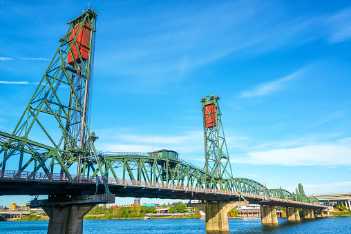 View of the Hawthorne Bridge in downtown Portland, Oregon over the Willamette River