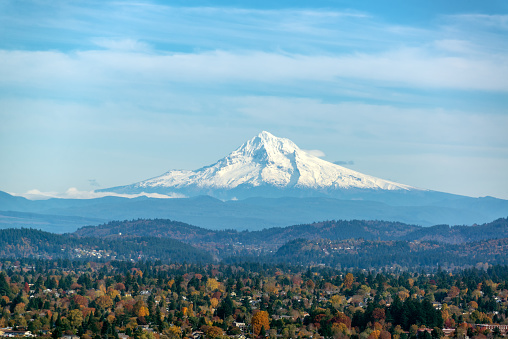 View of Mt. Hood and forest covered hills as seen from Portland, Oregon