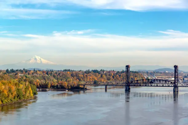 Burlington Northern Railroad Bridge and Mt. Hood seen from Portland, Oregon