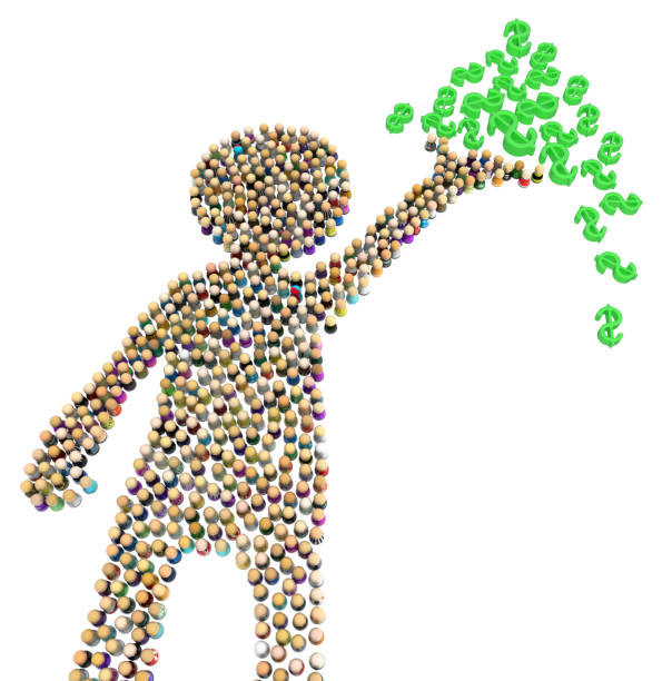 Crowd of small symbolic figures forming big person shape holding money pile, 3d illustration, horizontal, isolated, over white