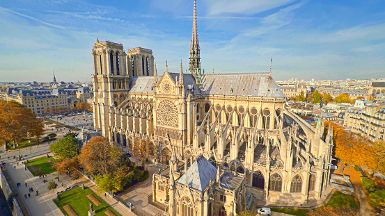 Aerial view of Notre Dame Cathedral in Paris, France