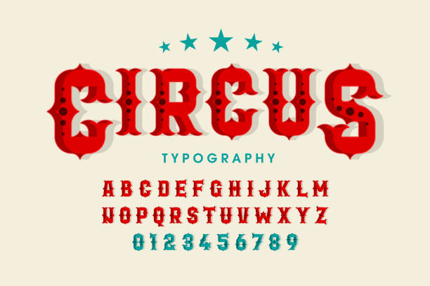 Retro style circus font, alphabet letters and numbers vector illustration