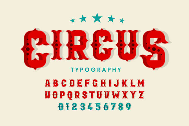Retro style circus font Retro style circus font, alphabet letters and numbers vector illustration circus stock illustrations